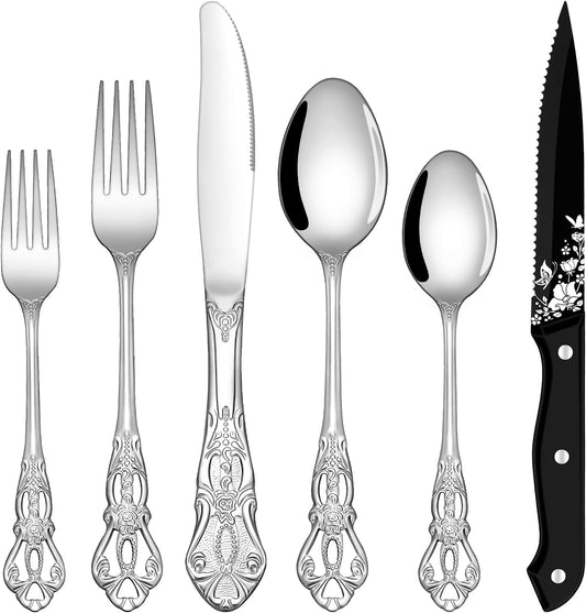 EUIRIO 48 Pieces Royal Silverware Set for 8, Gorgeous Retro Flatware Set with Steak Knives, Premium Stainless Steel Vintage Cutlery Utensils Set with Forks Spoons and Knives, Dishwasher Safe