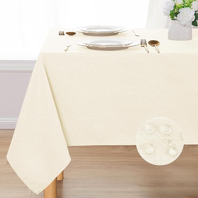 DWCN Rectangle Faux Linen Tablecloth - Textured Waterproof Spill-Proof Wrinkle and Stain Resistant Table Cloth Decorative Fabric Farmhouse Table Cover for Kitchen Dining, 60 x 102 Inch, Champagne