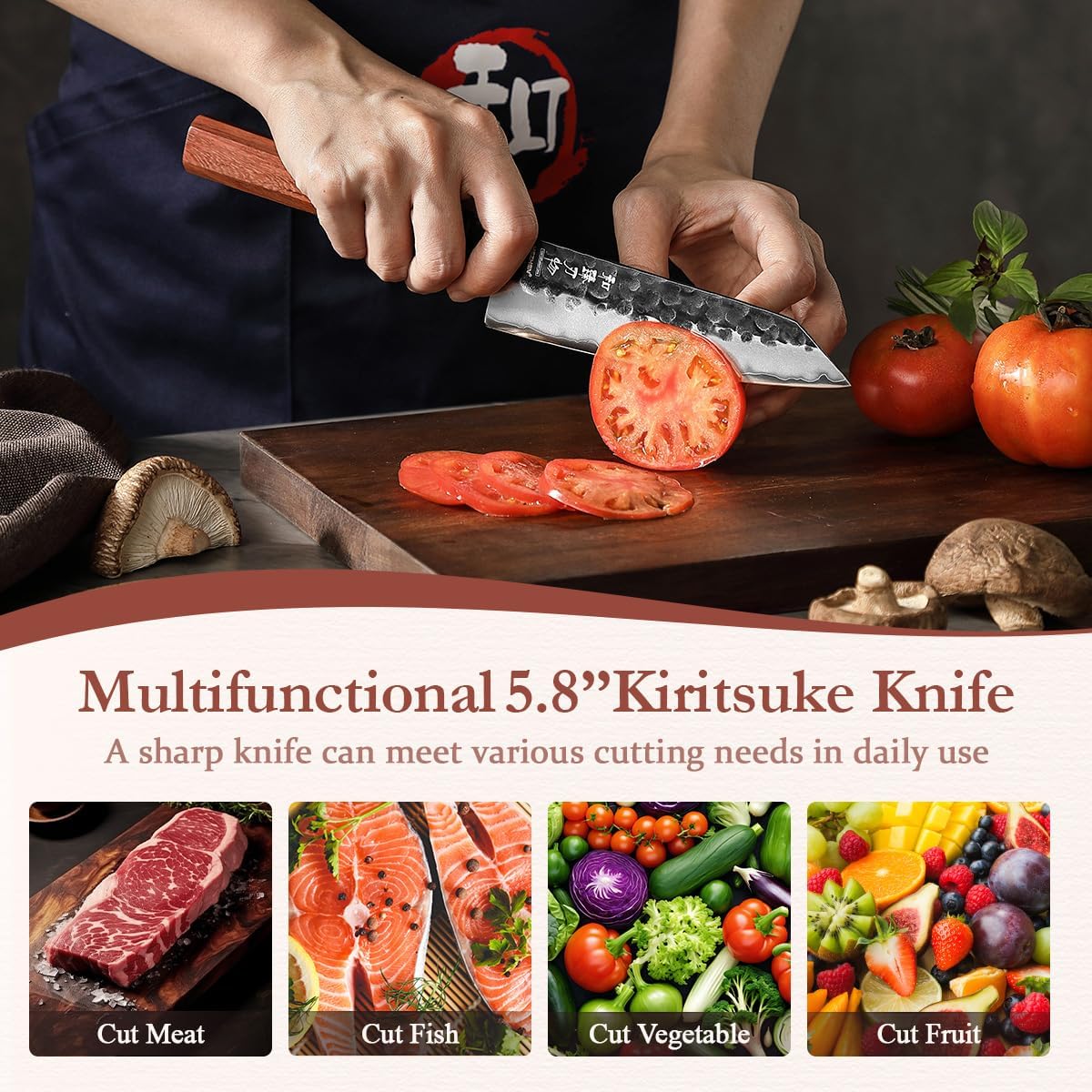 HEZHEN Kiritsuke Knife, 5.8 Inches Small Chef Knife, 3 Layers High Carbon Clad Steel, Composite Forging Steel Paring Knife, Redwood Octagonal Handle