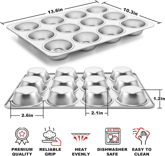 TeamFar 12-Cup Muffin Pan, Stainless Steel Muffin Tin Metal Cupcake Baking Pan for Oven, Regular Size & Non Toxic, Easy Clean & Dishwasher Safe