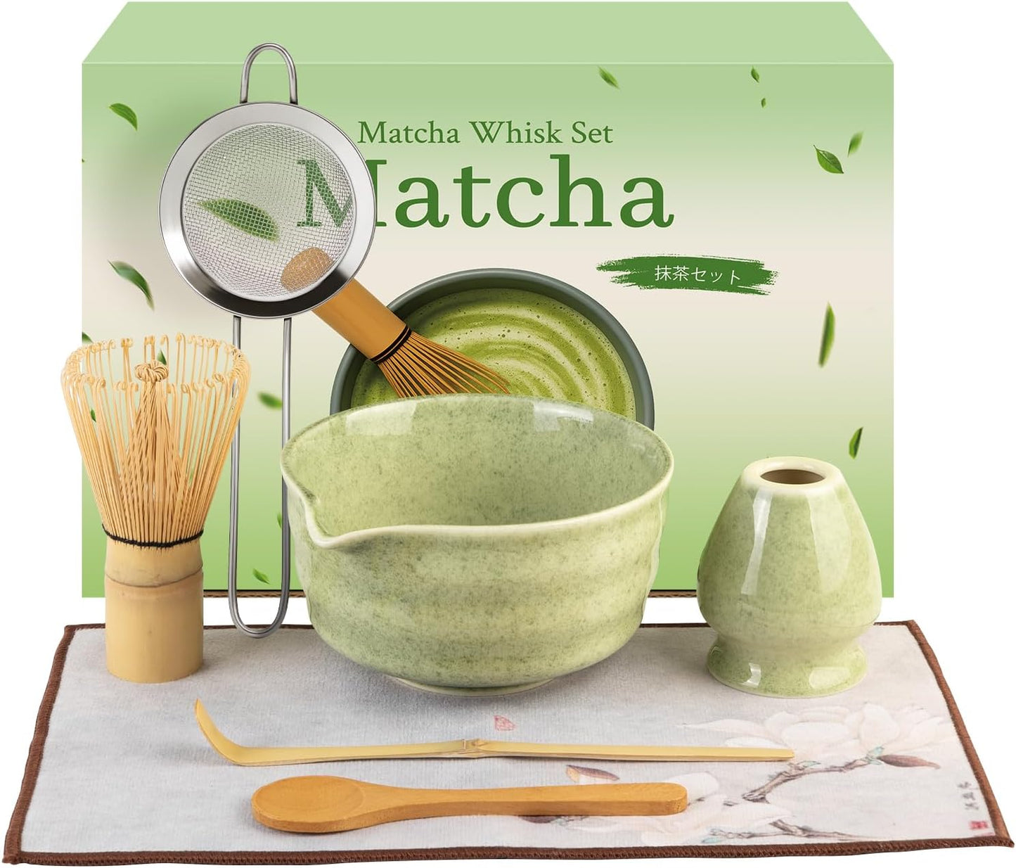 Matcha Whisk Set - Ceramic Matcha Set Includes Matcha Bowl, Whisk and Holder, Bamboo Scoop, Scoop Rest, Sifter and Tea Towel - 7 Pcs Ceremonial Gift Kit for Matcha Lovers (Pure Green)