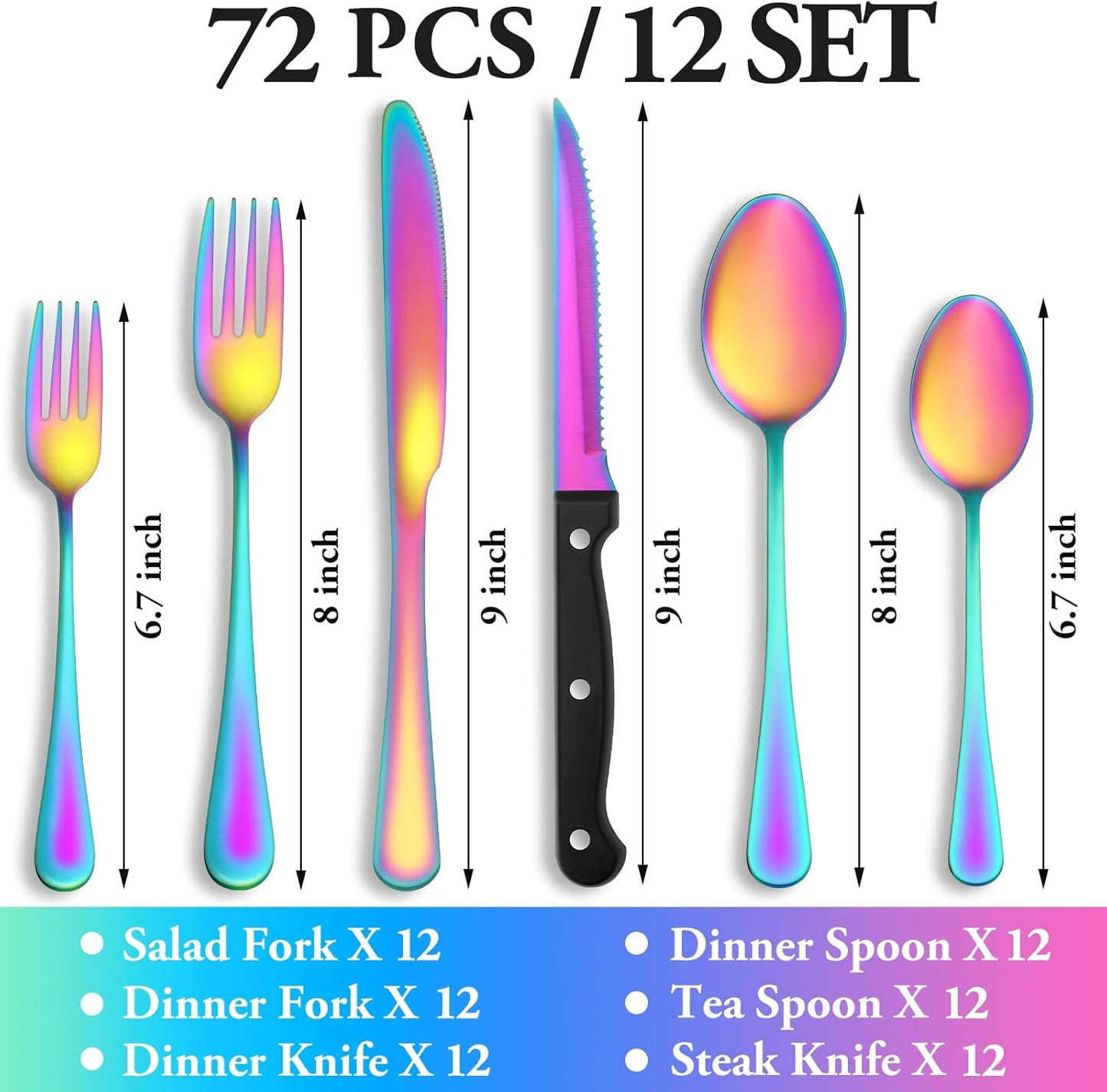 72 Pcs Rainbow Silverware Set with Steak Knives Service for 12,Stainless Steel Flatware Set,Mirror Polished Cutlery Utensil Set, Kitchen Eating Tableware,Include Fork Knife Spoon Set,Dishwasher Safe