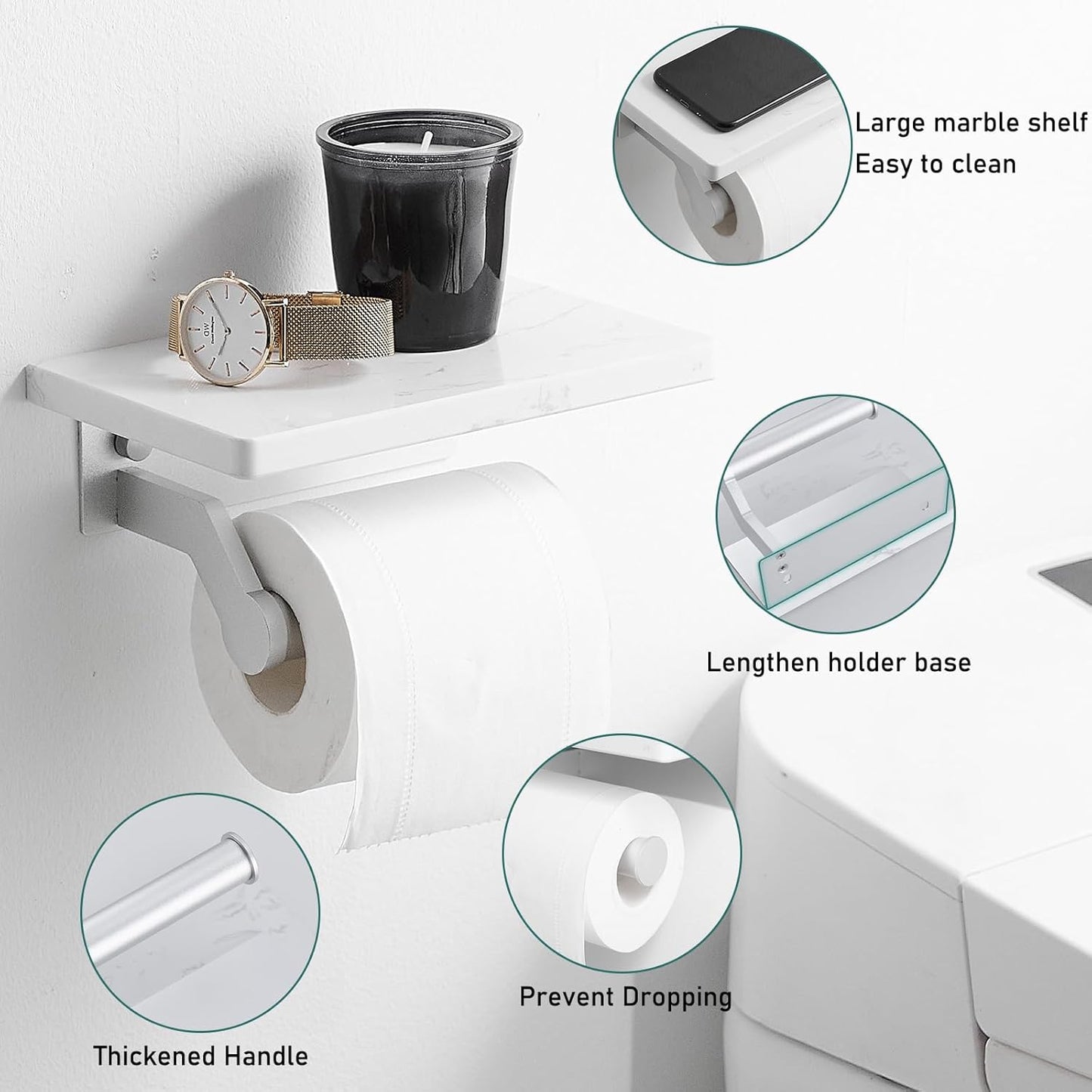 Hoimpro Brushed Silver Aluminum Toilet Paper Holder with White Natural Marble Shelf, Wall Mounted Tissue Hand Paper Roll Storage Holder for Bathroom Kitchen Washroom Bedroom