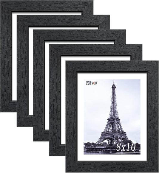VCK 8x10 Solid Wood Picture Frame Set of 5,Textured Exclusive Black Picture Frames, Wall Hanging