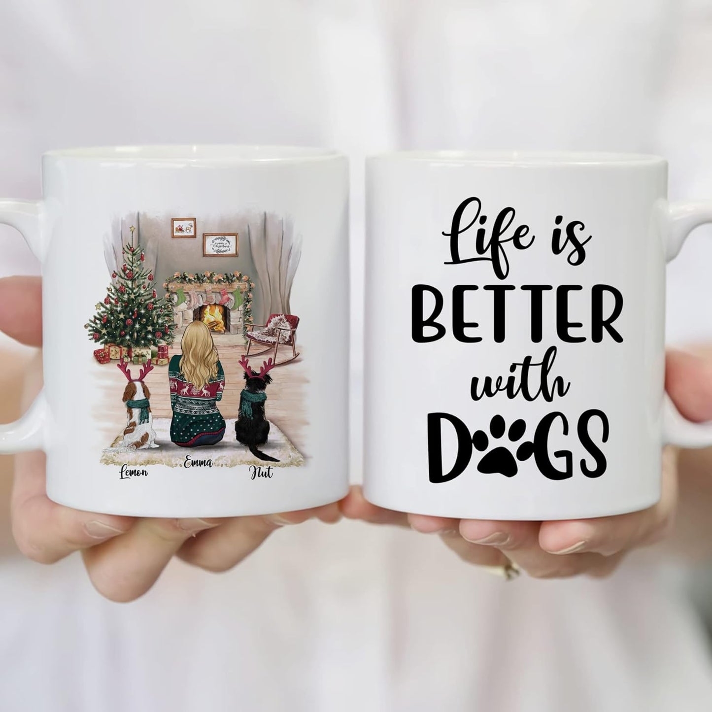 Gossby Personalized Dog Mug - Life is Better with Dogs (Girl - 2 Dogs) - 11oz, 15oz White, Two-tone Customized Christmas Coffee Mugs for Women - Personalized Gifts for Dog Mom on Christmas