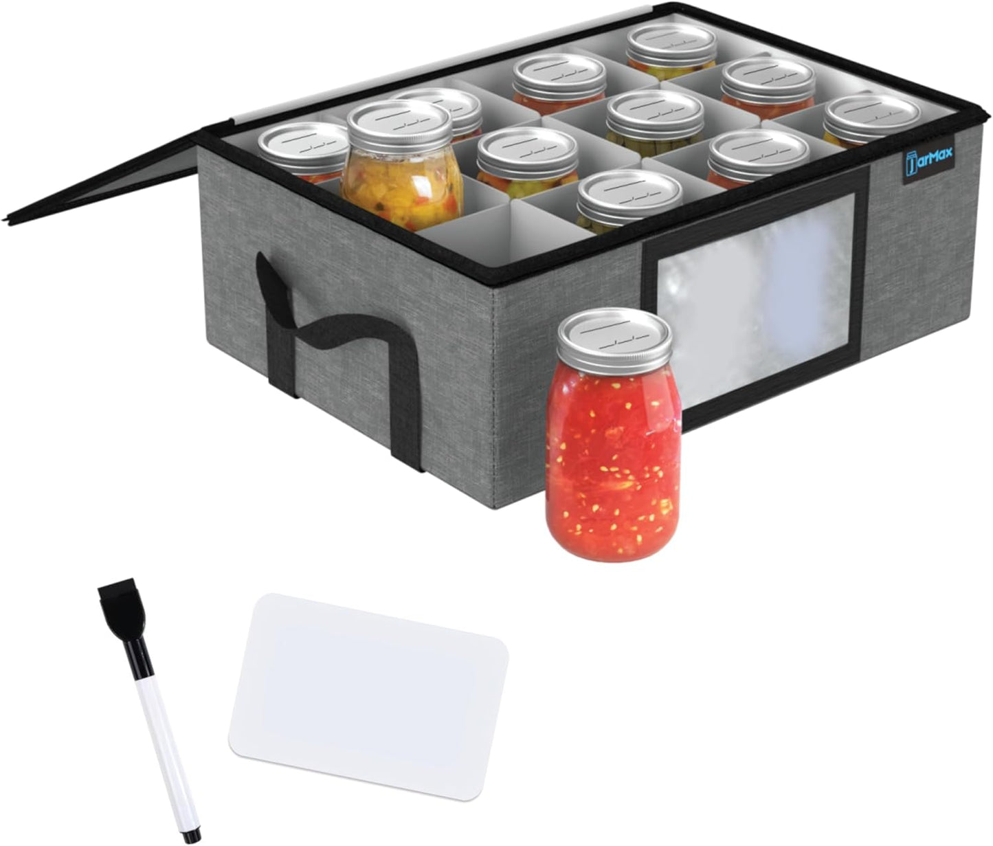 16 oz Pint mason jar storage containers, Sturdy Canning Jar Storage Containers Holds 12 Pint Size Ball Mason Jars, Foldable Canning Organizer, Stackable Home Storage Box with Lid & Label holder