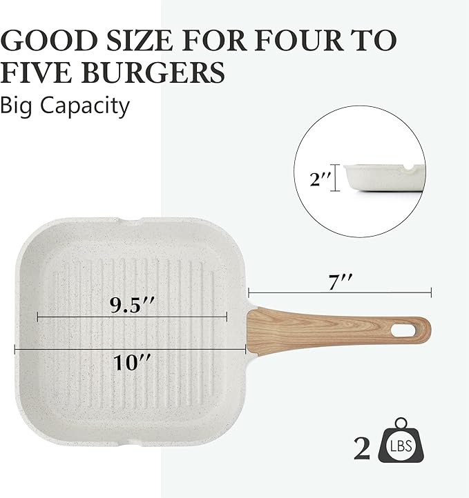 SENSARTE Nonstick Ceramic Grill Pan for Stove Tops, Versatile Square Grilling Pan with Pour Spouts, Durable Grill Skillet for All Stoves(Gas,Electric,Induction) Non Toxic-PTFE,PFAS,PFOA Free, 9.5Inch