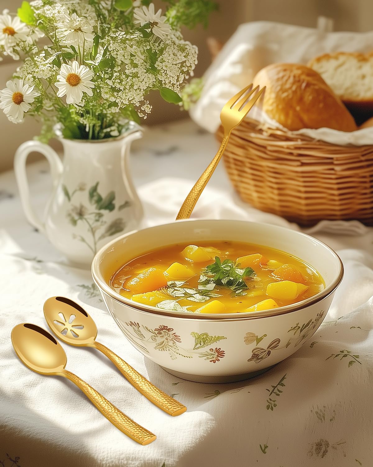 45-Piece Silverware Set with Serving Utensils, Ollex Durable Stainless Steel Gold Hammered Flatware Set for 8 with Knives Forks Spoons Large Serving utensil Set for Home Restaurant, Dishwasher Safe