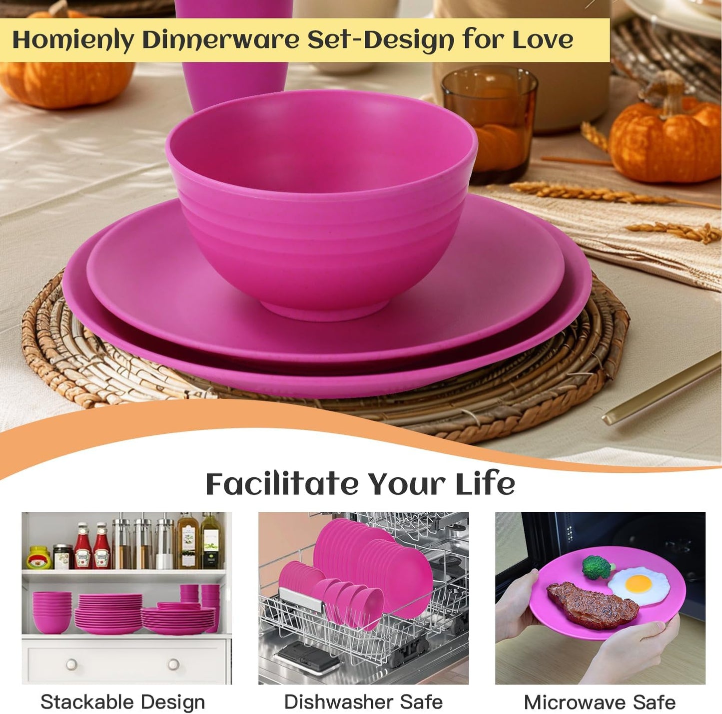 40-Piece Kitchen Plastic Wheat Straw Dinnerware Set, Dish Set for 8, Dinner Plates, Dessert Plate, Cereal Bowls, Cups, Appetizer Plates,Unbreakable Plastic Outdoor Camping Dishes,Pink
