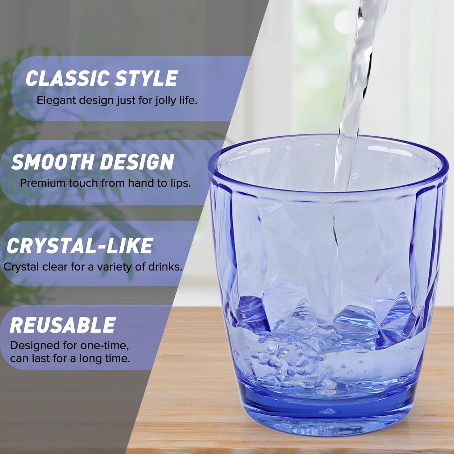 Plastic Glassware Tumbler Dishwasher Safe, Set of 4 Unbreakable Drinking Glasses, 10.5oz Reusable Acrylic Cups for Everyday Use (Blue)