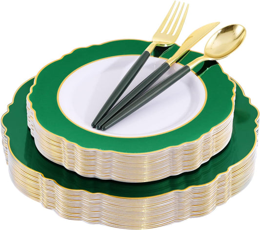 WDF 30Guest Christmas Plates Disposable - Gold Plastic Silverware With Green Handle - Christmas Plastic Plates - Baroque Green &Gold Plastic Dinnerware for Christmas Plates Party