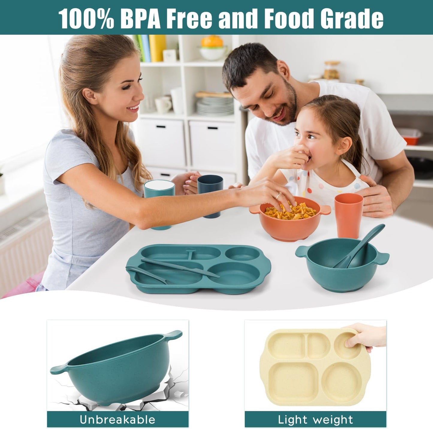 24 PCS Wheat Straw Dinnerware Set for Kids Toddler Plate Bowl Cup Set Unbreakable BPA-Free Tableware with Divided Plate Microwave Dishwasher Safe Perfect for Home School Picnics