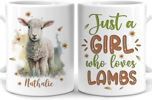 Hyturtle Personalized Gifts Lamb Lover - Just A Girl Who Loves Lambs Custom Name Ceramic Coffee Mug Cup 11oz - Idea Cute Animal Lover Gifts For Women, Girl kid Daughter On Birthday, Christmas