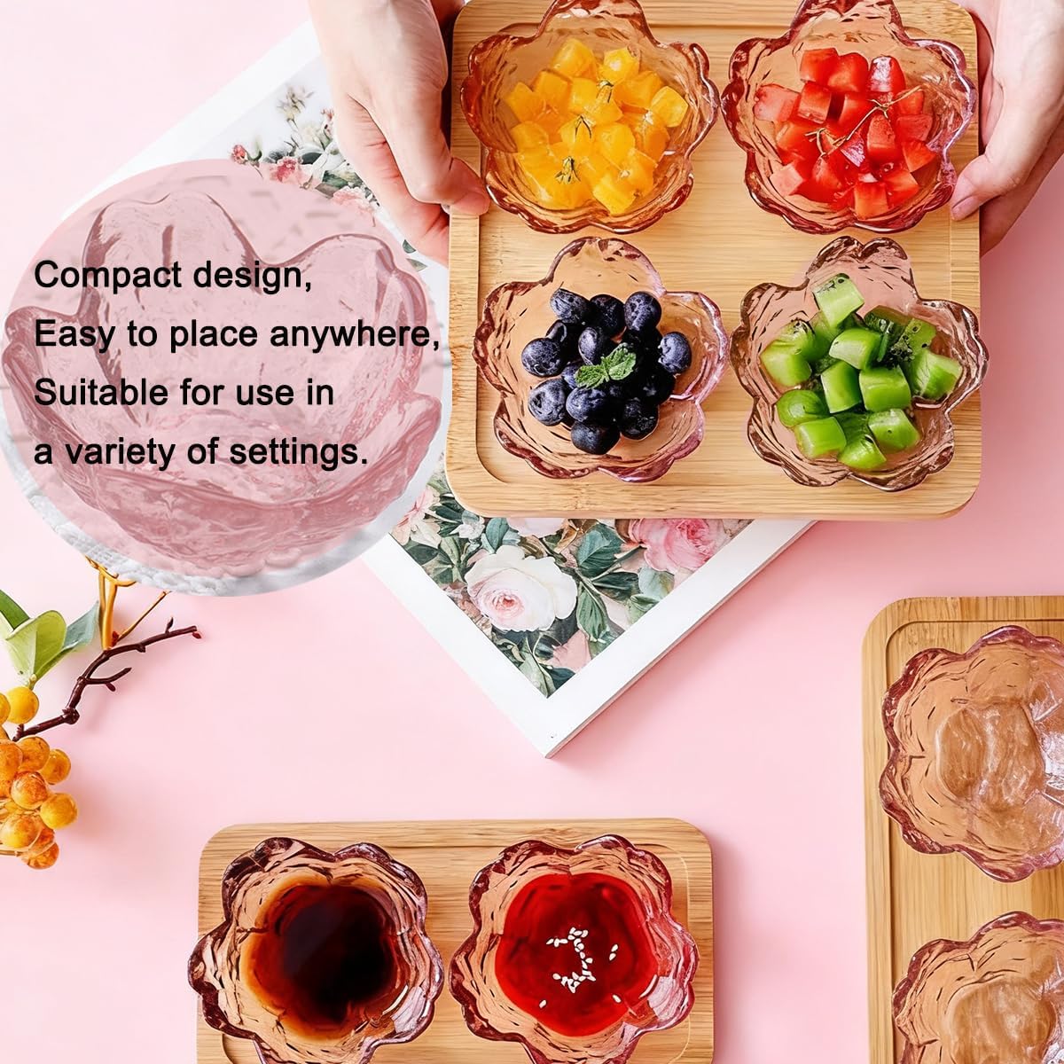 6 Pcs Pink Sakura Sauce Dishes Set, 3.34x1.37 inch Glass Cherry Blossom Dipping Bowls, Small Condiment Dishes for Soy Sauce, Sushi, Ice-Cream,Snacks, and Party Appetizers