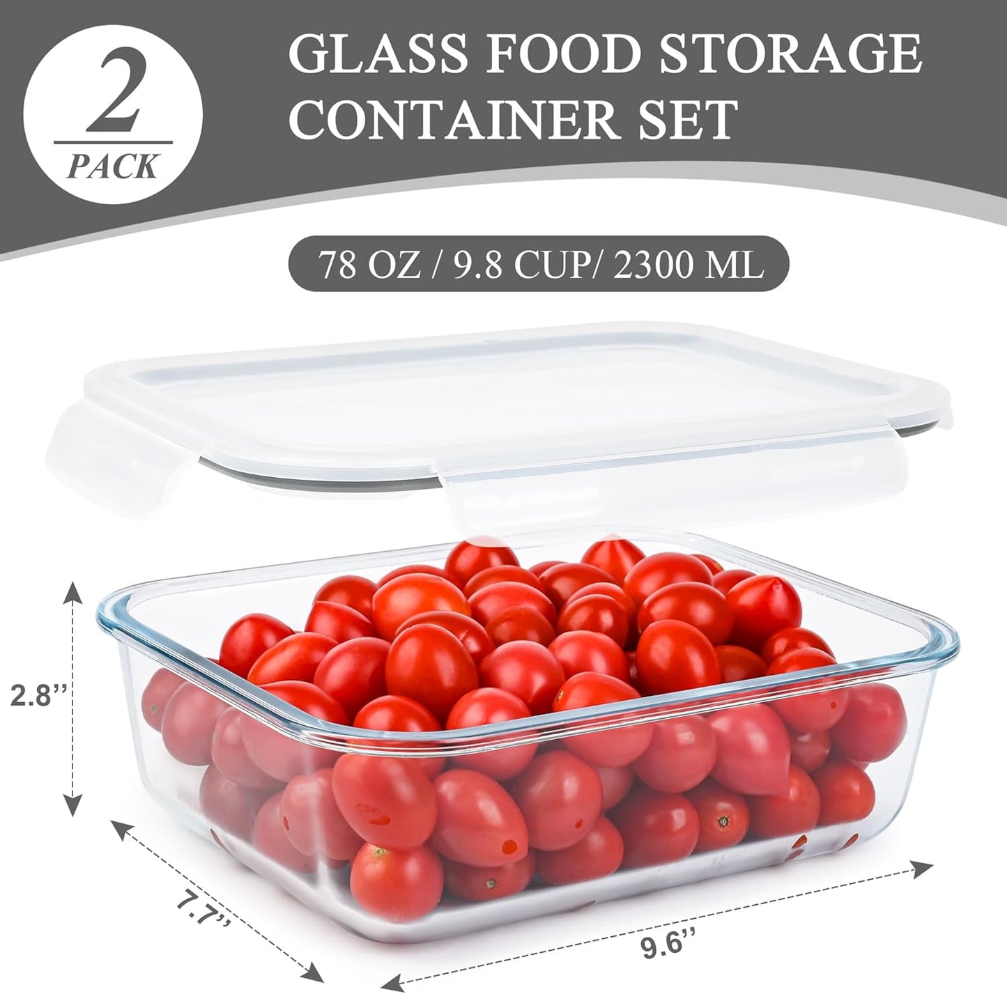 GEHE 9.8 Cup / 78 Oz Large Glass Food Storage Containers with Lids, 2 Pack Glass Meal Prep Containers Set with Airtight Locking Lids - Storing Food, Baking, Leakproof, Freezer, Microwave & Oven Safe