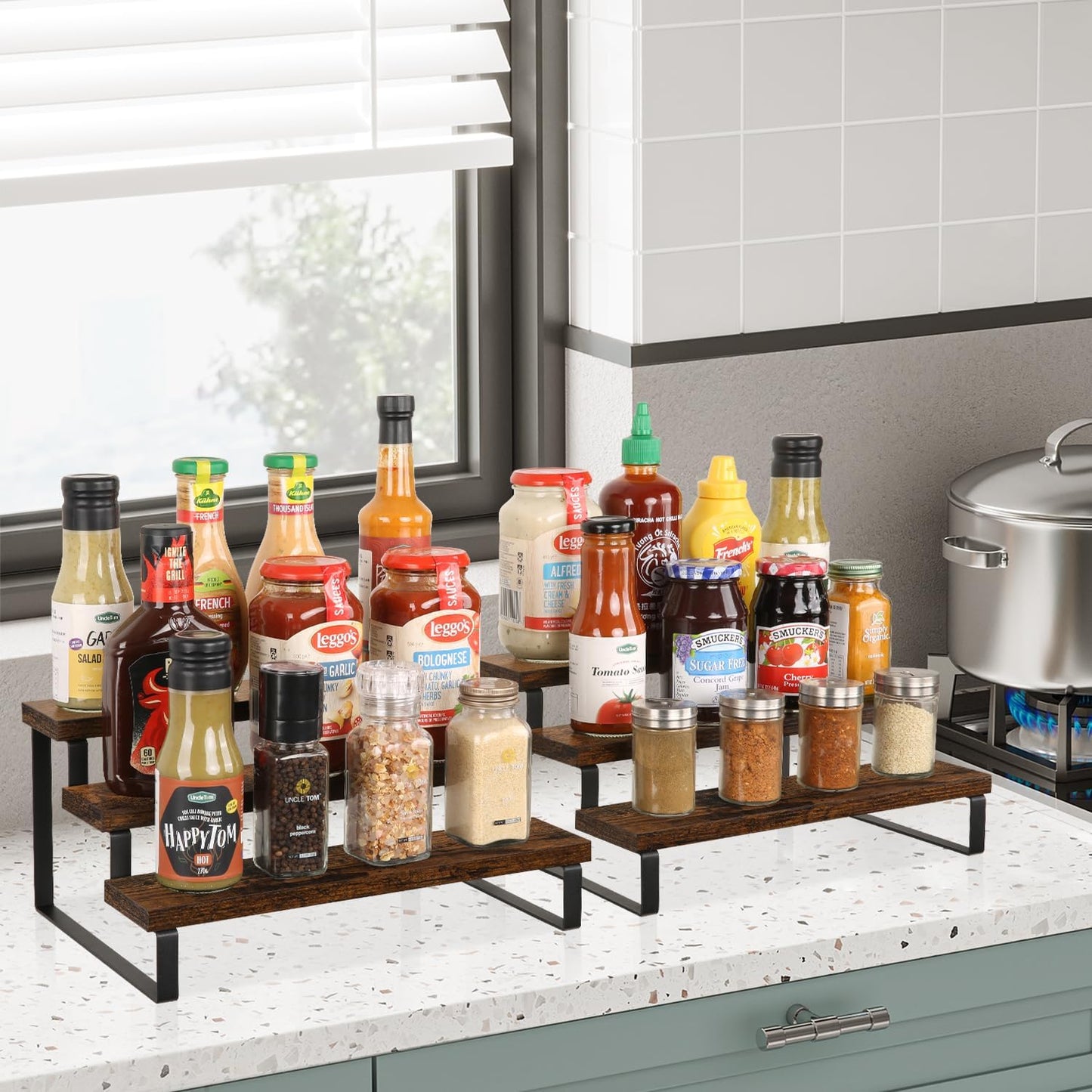 YINMIT Wooden Display Riser Stand, Tiered Perfume and Cologne Organizer Stand, 3 Tier Spice Rack Organizer, Rustic Display Shelf for Candles (3 Tier, 2 Pack)