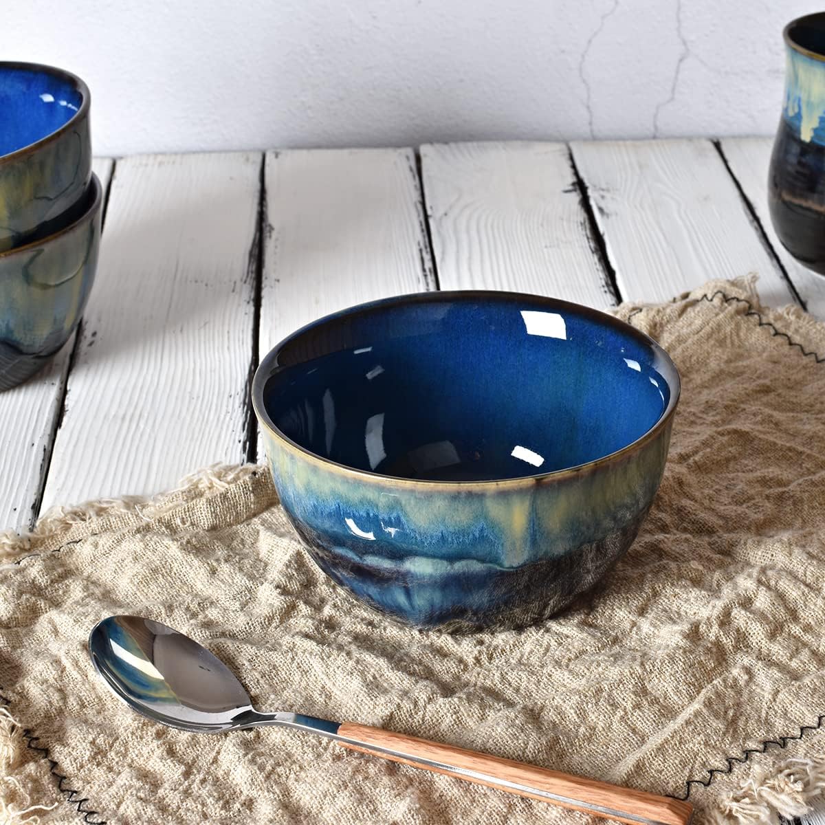 Bosmarlin Stoneware Cereal Bowls Set of 4, 26 Oz, Blue Soup Bowls for Oatmeal, Salad, Dishwasher and Microwave Safe, Reactive Glaze (26 Oz, Deep Blue)