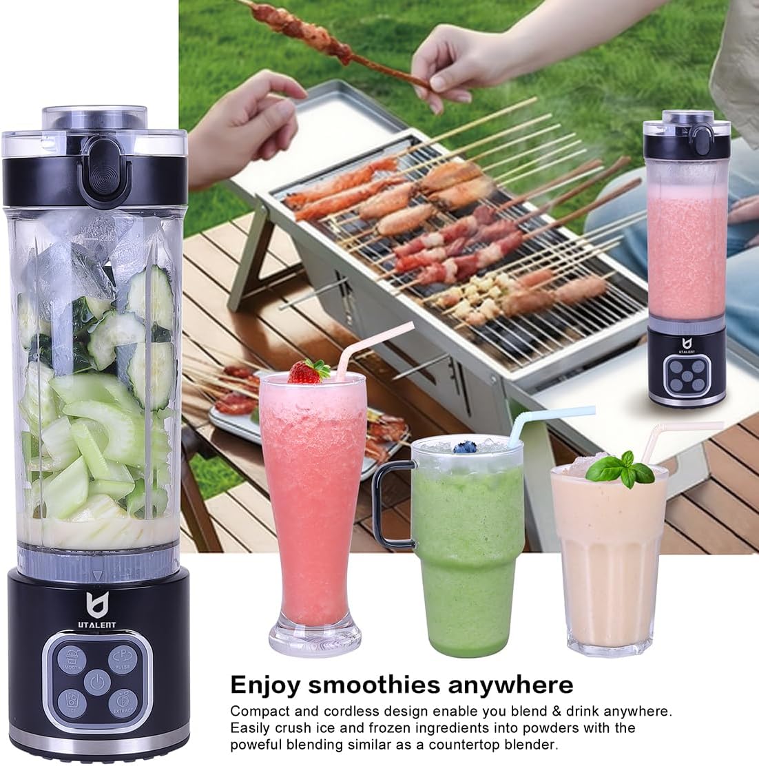 UTALENT Cordless Portable Blender, 25 oz removable Vessel，Powerful Personal Blender, for Smoothies, Ice Crush, 4 Programs, Leakproof-Lid & Sip Spout, USB-C Rechargeable, Dishwasher Safe Parts, Black