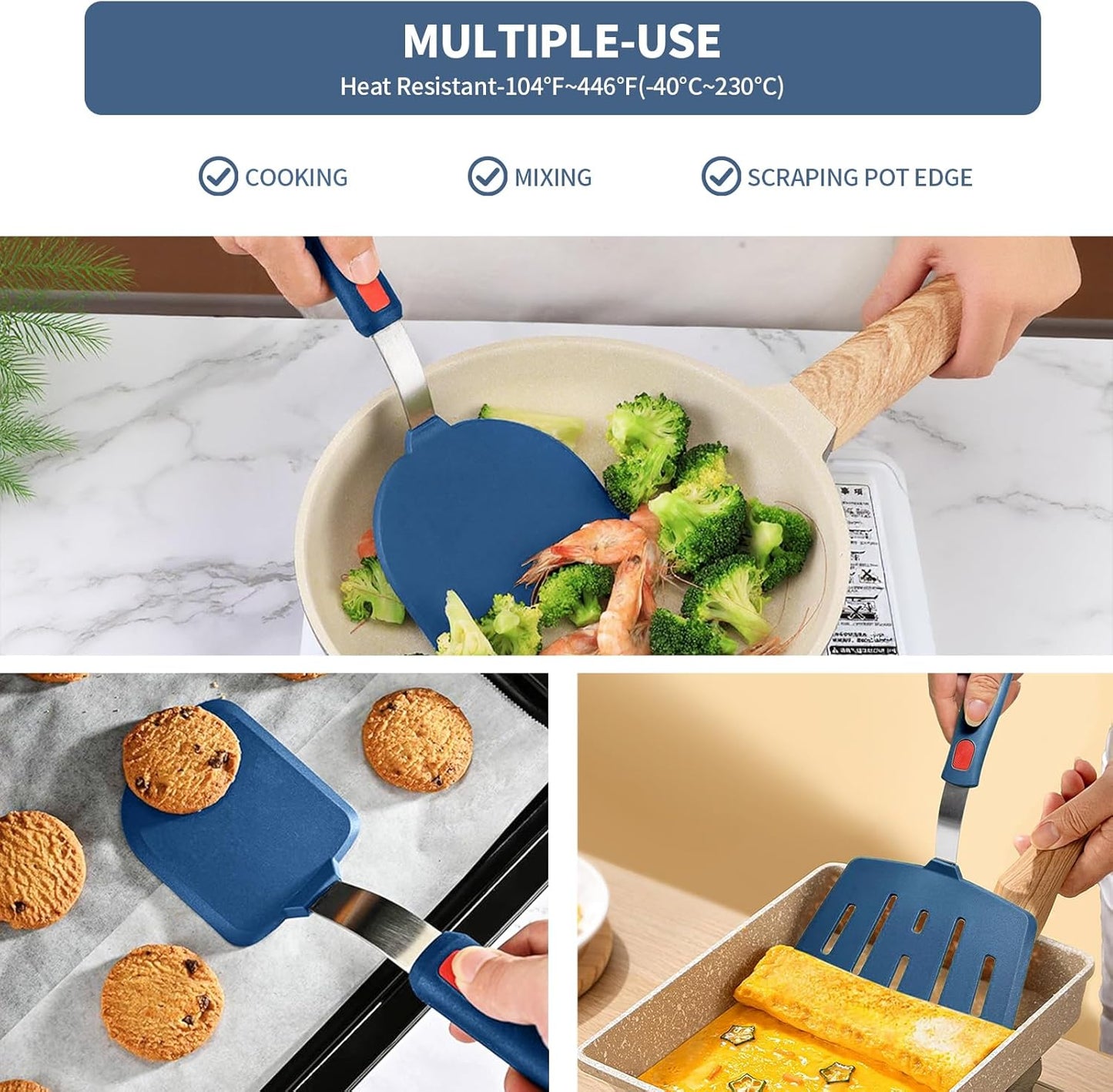 Silicone Spatula Turner Set of 3, Heat Resistant Large Wide Spatula for Pancake, Silicone Fish Spatulas Flipper for Cooking & Non-stick Cookware, BPA Free Rubber Cooking Untensil Set