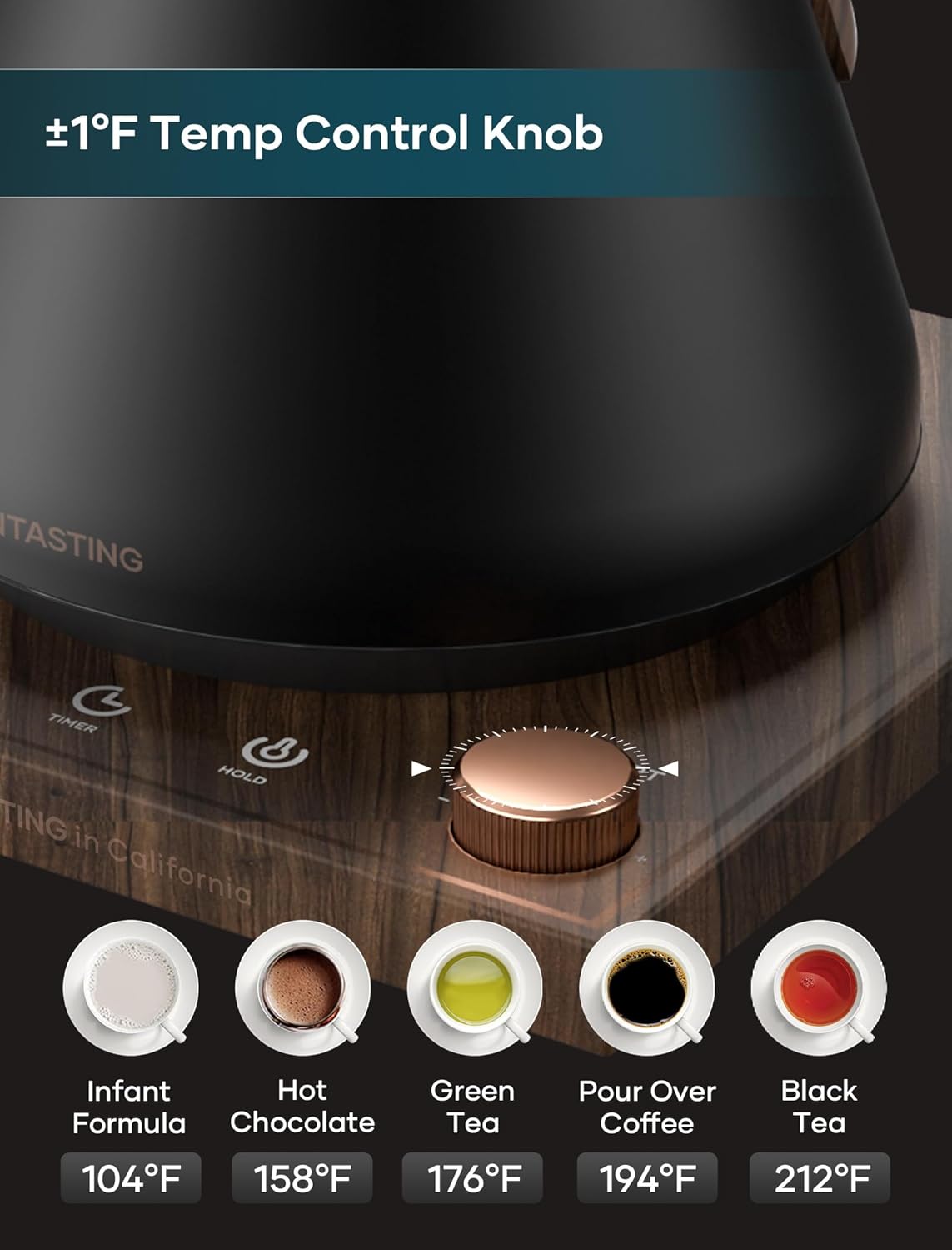 Electric Kettle, Gooseneck Electric Kettle, ±1℉ Precise Temperature Control, Stainless Steel Interior, Quick Heating for Pour Over Coffee, Tea & Boiling Water, 0.9L (Matte Black & Wood)