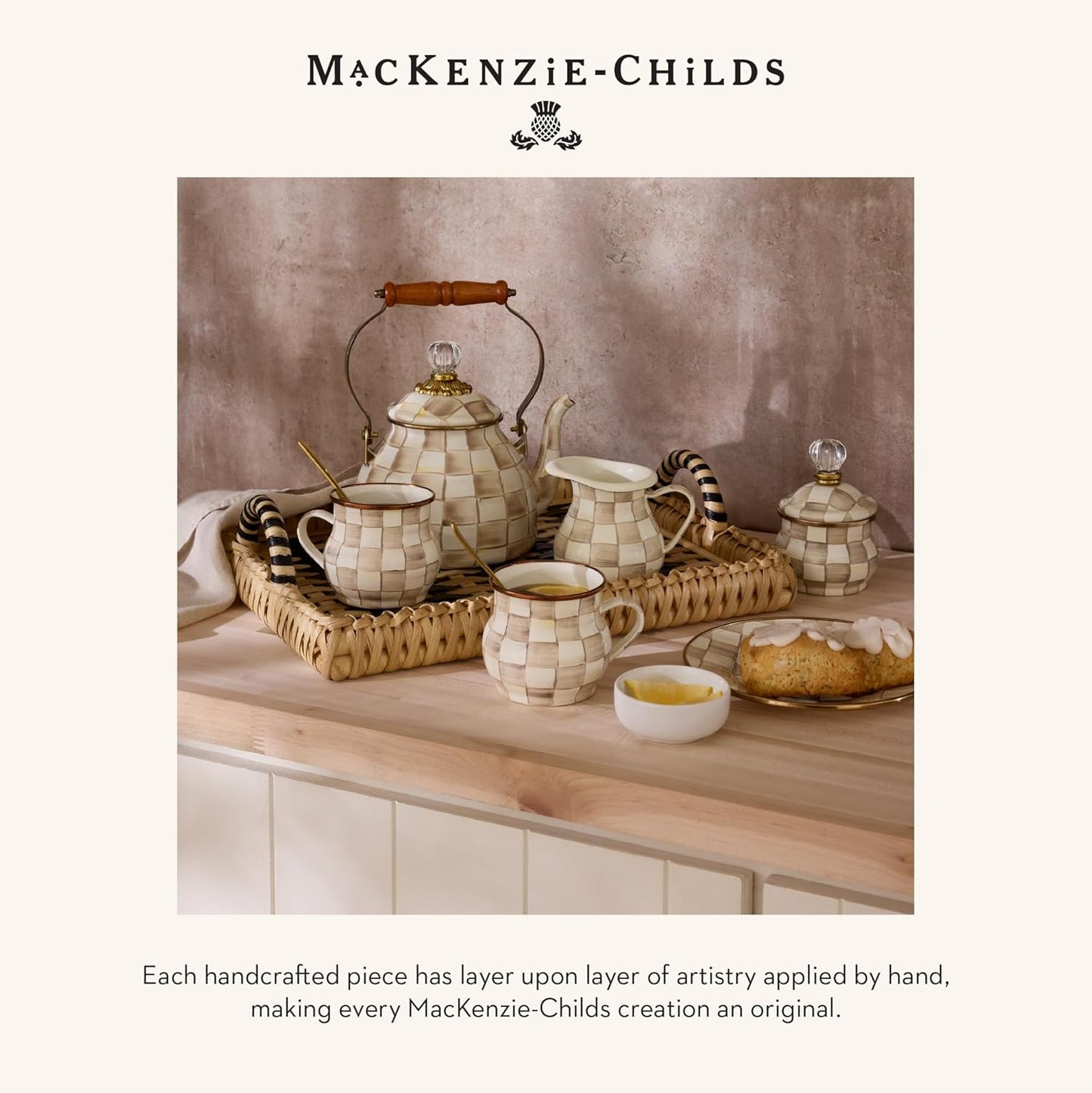 MACKENZIE-CHILDS Enamel Bowl, Serving Bowl for Entertaining, Everything Bowl, Brown-and-White Mocha Check