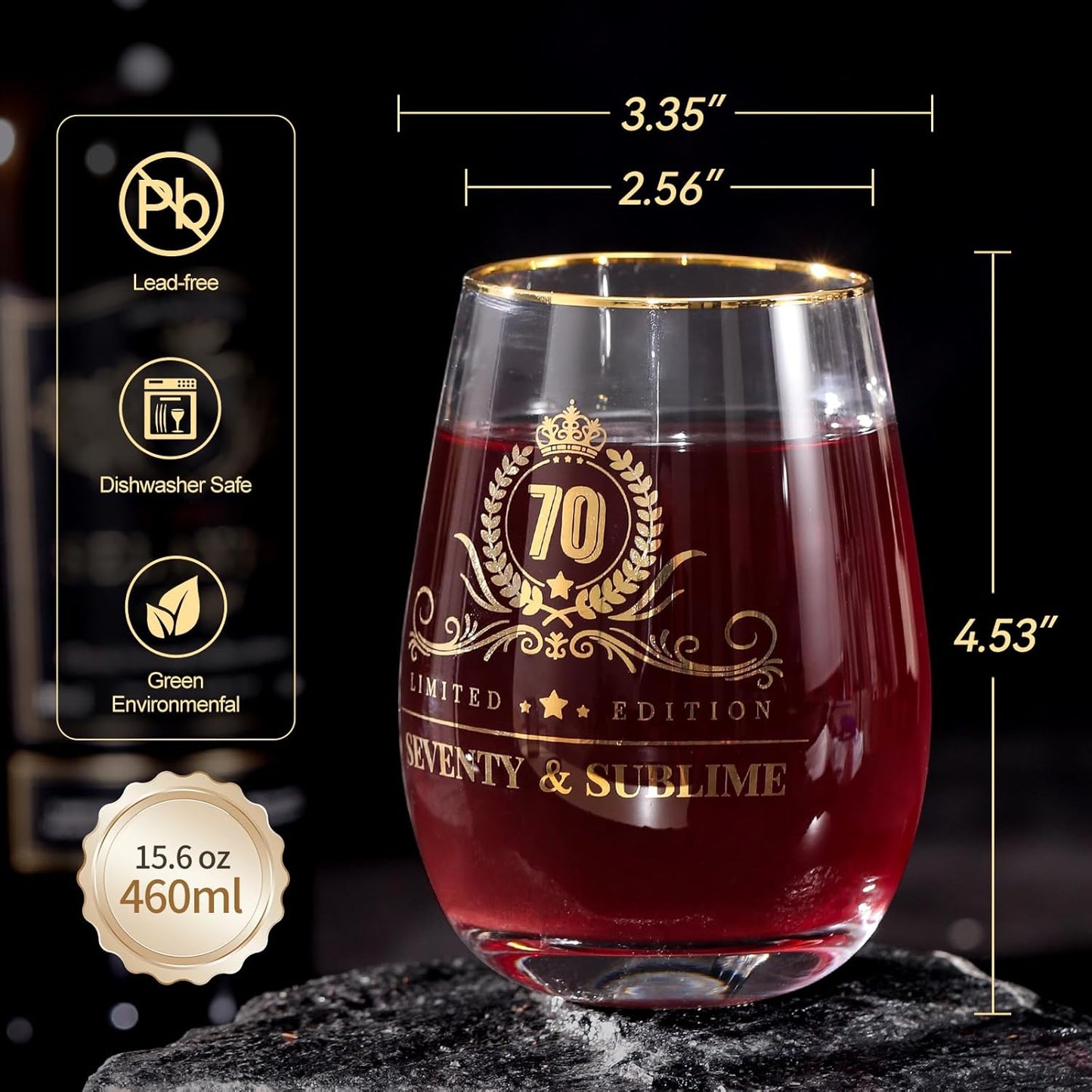 70th Birthday Gifts for Women - Gold Accent Stemless Wine Glass with Premium Gift Box and Blank Card, Meaningful 70 Year Old Gifts for Grandma, Mom, Matriarch (Seventy & Sublime)