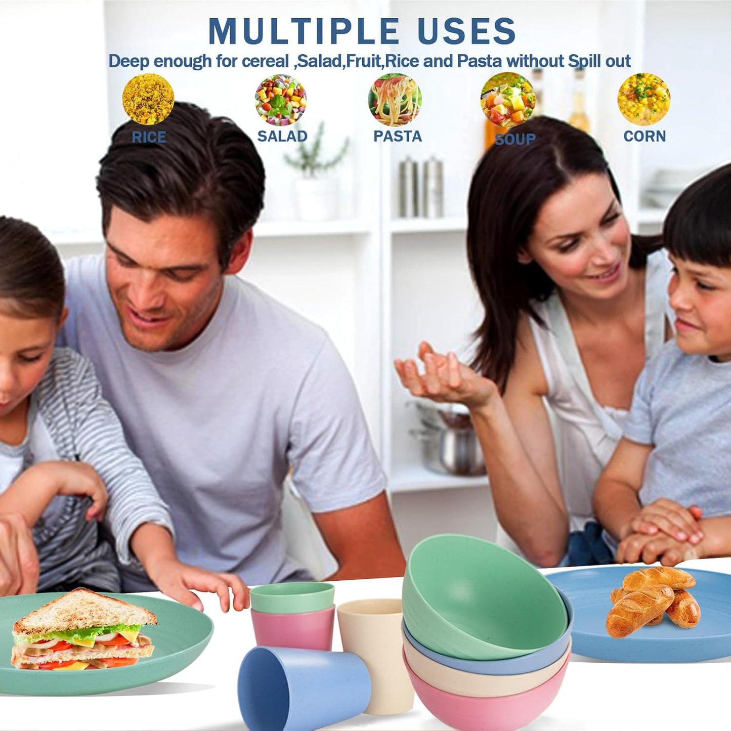 Rubtlamp Wheat Straw Plates and Bowls sets, Reusable Plastic Plate Set for 4, Kitchen Wheat Straw Dinnerware Sets (Spring Four Colors) Include Dinner Platos, Dessert Platos, Cereal Bowls, Cups