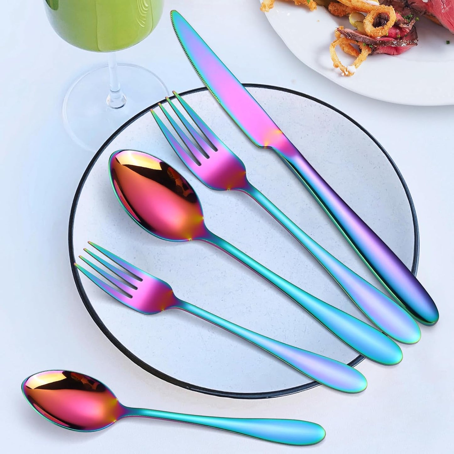 Iridescent Silverware Set Rainbow Flatware Service for 8 Stainless Steel Cutlery 40 Pieces Heavy Forks and Spoons Knives for Wedding Parties Resturant Everyday Use