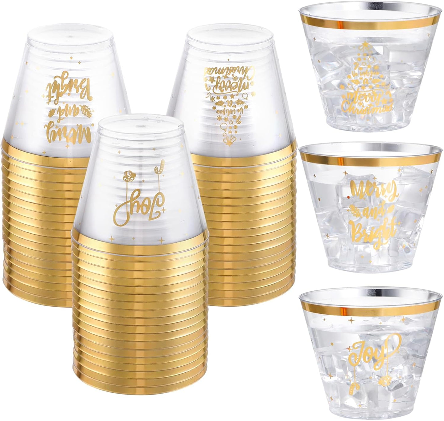 I00000 60 Pcs 9 oz Christmas Plastic Cups - Merry Christmas Party Cups - Gold Disposable Cups for Party Decoration - Cups Party Supply Drinkwear for Beer/Beverage/Snacks