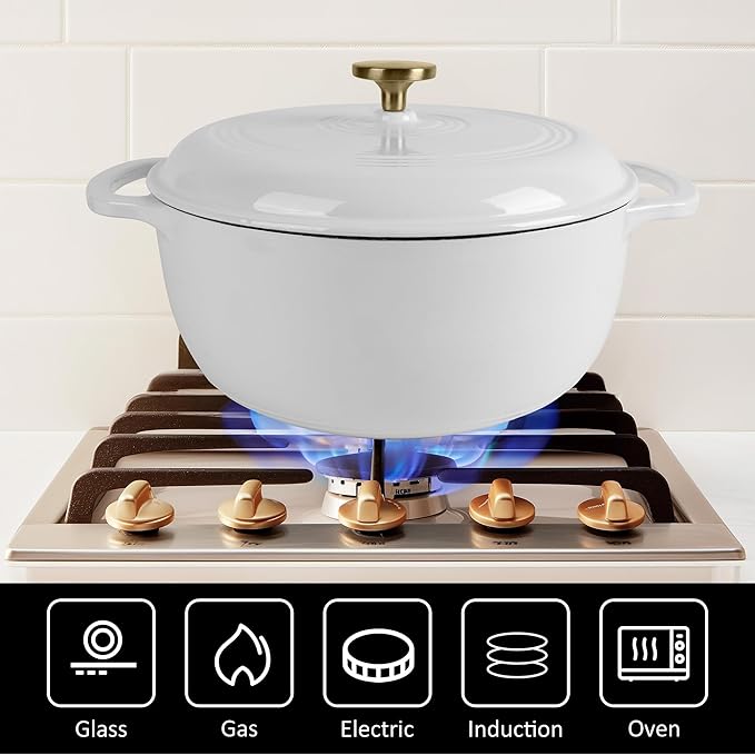 Premium Enameled Cast Iron Dutch Oven for Bread Baking | Non-Stick 2QT Oval Bread Oven with Lid | Perfect for Sourdough, Loaf, and Artisan Baking (Round White, 5.5 QT)