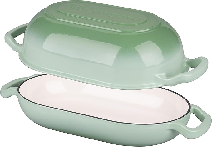 Enameled Cast Iron Sourdough Bread Oven, Dutch Oven, Loaf Cast Iron Bread Pan for Homemade Bread Baking, Meatloaf Pan with Lid, 5QT, Green
