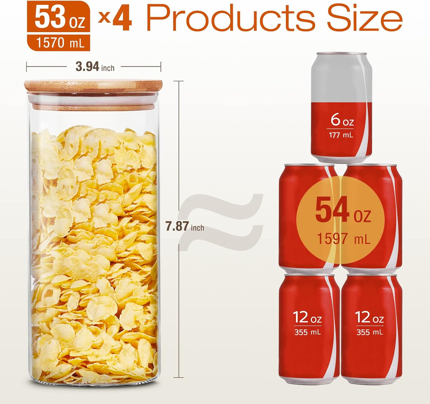 Glass Jars with Bamboo Lids 53 FL OZ [Set of 4], Glass Canisters with Airtight Lids, Glass Food Storage Containers for Pasta, Oats, Coffee, Flour, Sugar, Rice, Best for Kitchen & Pantry