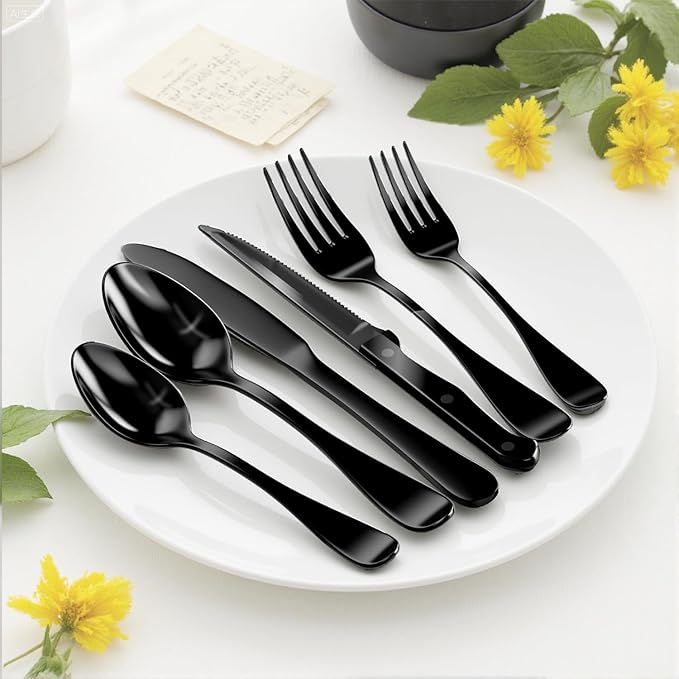 49-Piece Black Silverware Set with Organizer, Stainless Steel Flatware Set for 8 with Drawer Tray, Cutlery Steak Knives Fork Spoon for Home Restaurant, Mirror Finish, Dishwasher Safe