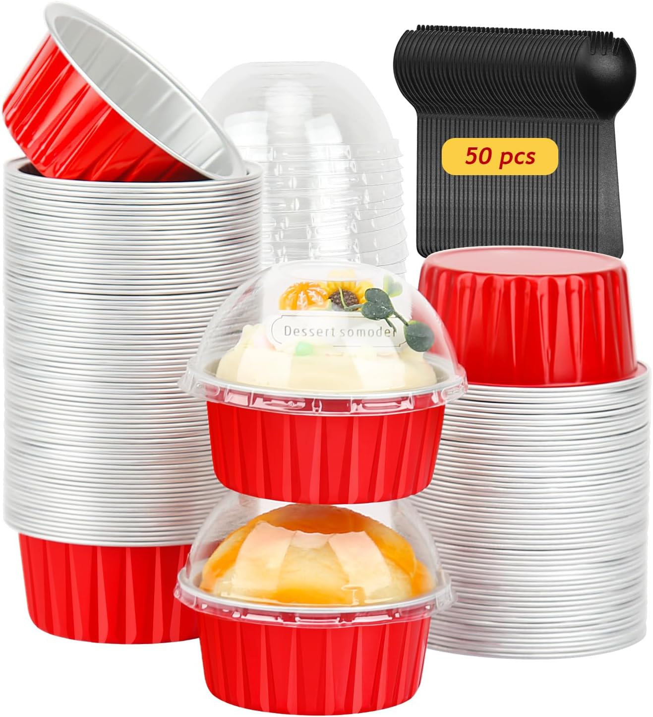 Red Cupcake Liners Muffin Tins 50 Pack,Free-Air 5oz Aluminum Foil Baking Cups with Lids,Disposable Ramekins Cupcake Pans,Jumbo Muffin Liners Cupcake Cups for Custard Mini Pie,with 50 Spoons-Red