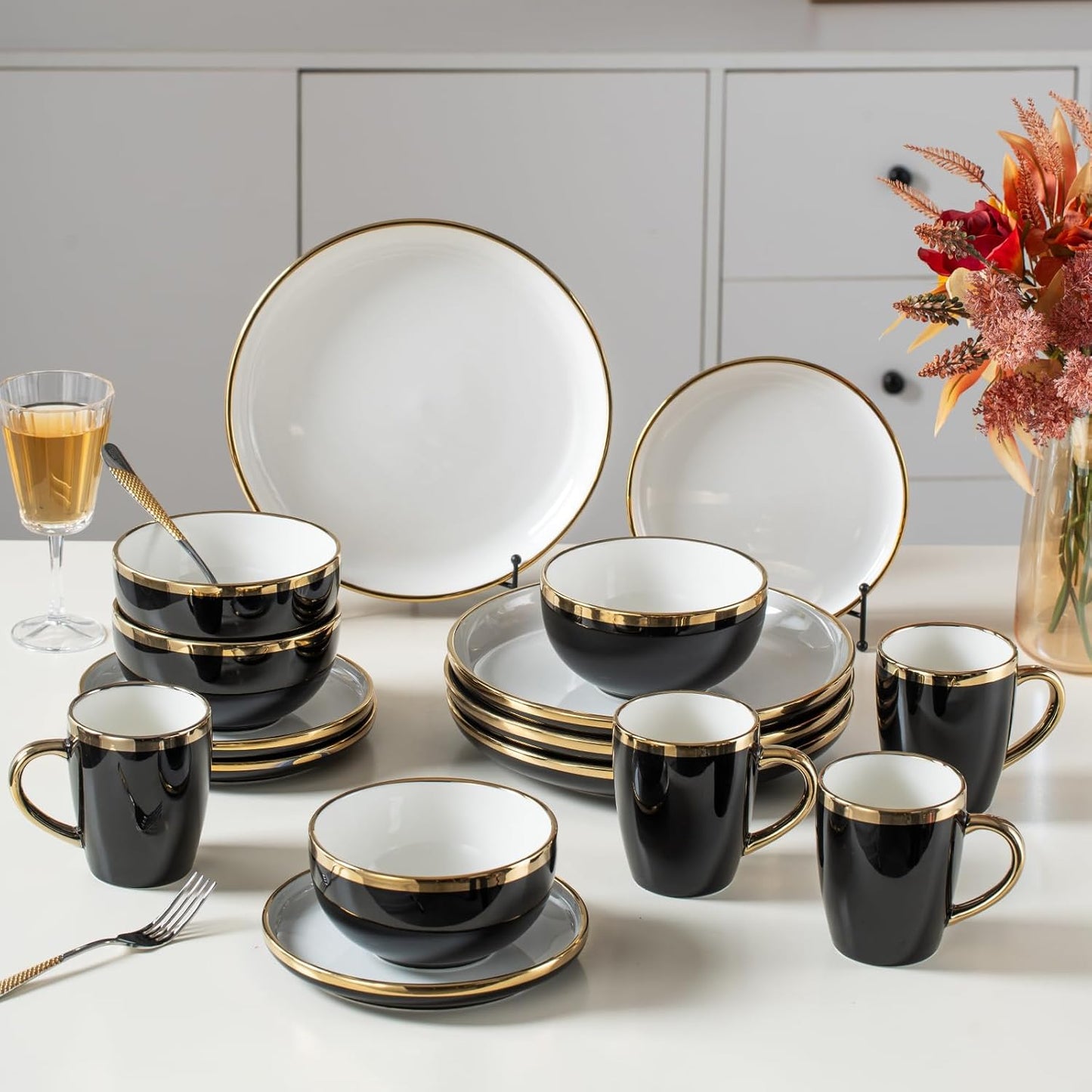 Black Ceramic Dinnerware Sets for 4, 16-Piece Contrast Plates and Bowls Set with Gold Rim, Crack Resistant | Dishwasher & Freezer Safe Dinnerware Set, Service for 4