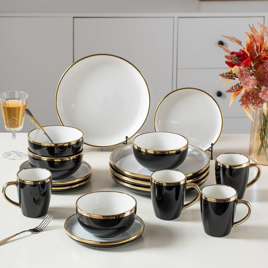 Black Ceramic Dinnerware Sets for 4, 16-Piece Contrast Plates and Bowls Set with Gold Rim, Crack Resistant | Dishwasher & Freezer Safe Dinnerware Set, Service for 4