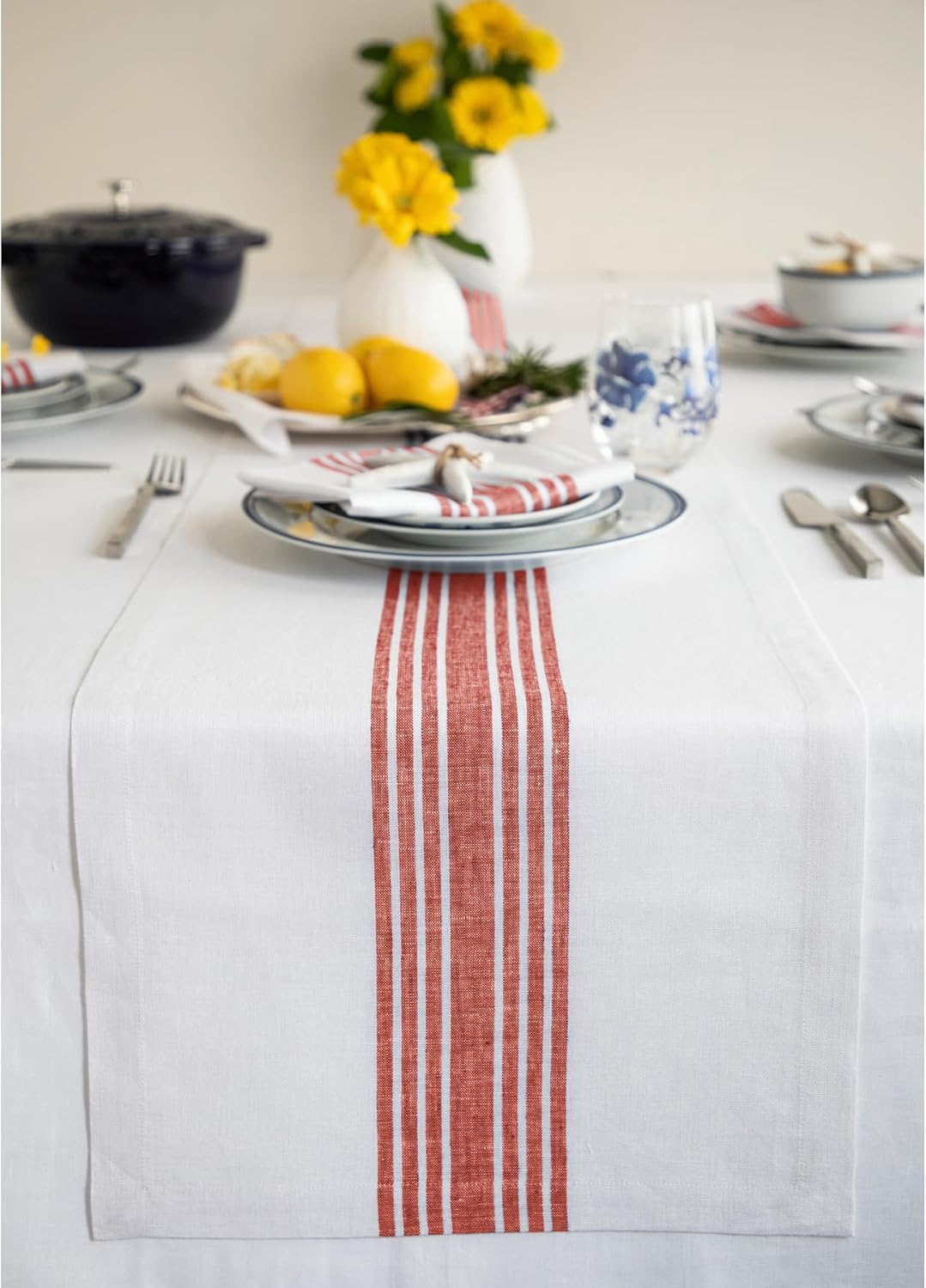 Solino Home Linen Table Runner 36 Inches - 100% Pure Linen Red and White Farmhouse Table Runner 14 x 36 Inch Ideal for Dresser and Coffee Tables - Christmas, Holiday