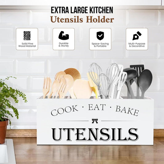 Extra Large Kitchen Utensil Holder with 4 Compartments, Wooden Countertop Organizer, Rustic Black Farmhouse Decor for Cooking Tools, Spoons, Spatulas, Knives & Forks - White Grain