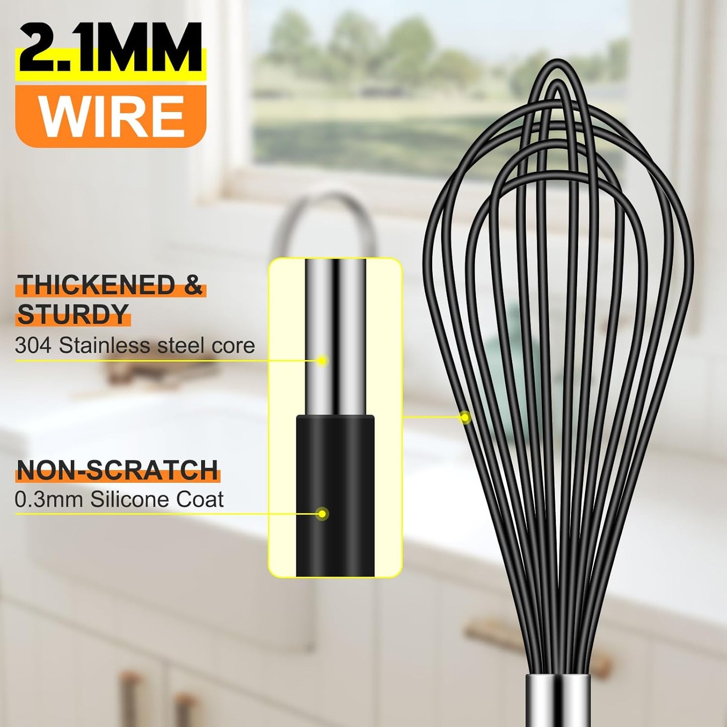 HOTEC 4 Pieces Silicone Whisks Set, Wire Balloon Whisks Egg Beater, Non-slip Handle Whisk for Non-stick Cookware Perfect for Cooking, Stirring, Beating and Blending (Black)