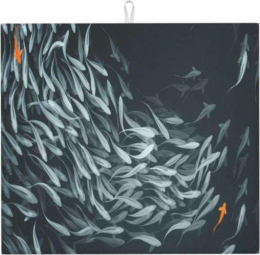 Japanese Fish Dish Drying Mat 16x18 Inch, Microfiber Absorbent Fast Dry Mat Artistic Painting of Fish Large Dish Mat Drying Kitchen Mat, Kitchen Drying Pad for Kitchen Counter Coffee Bar Decor