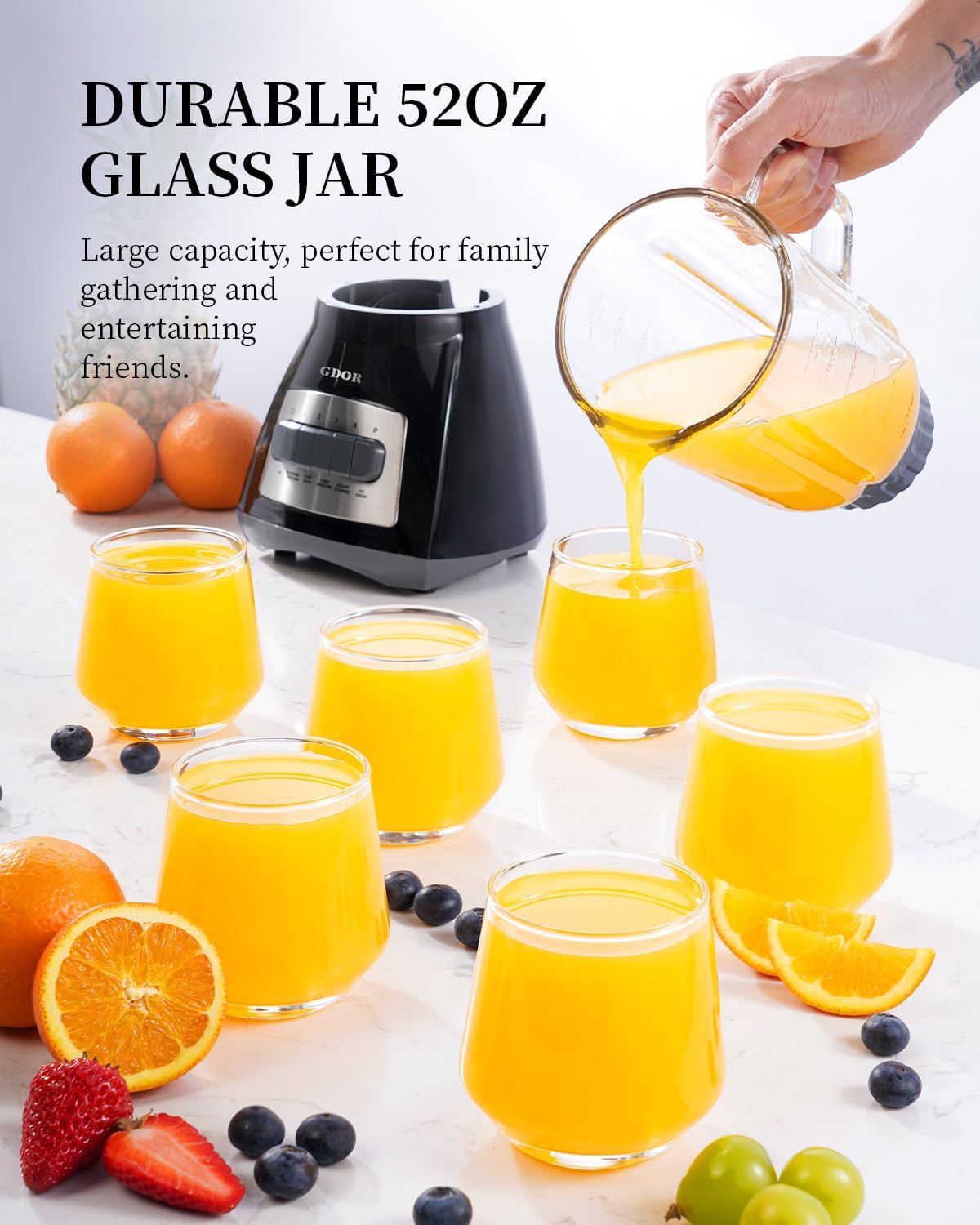 GDOR Blenders for Smoothies, 52 Oz Glass Jar Smoothie Blender, Countertop Blender & Grinder Combo, 9 Functions with 5 Speeds for Milkshakes, Puree, Crush Ice, and Chop, Max 700W