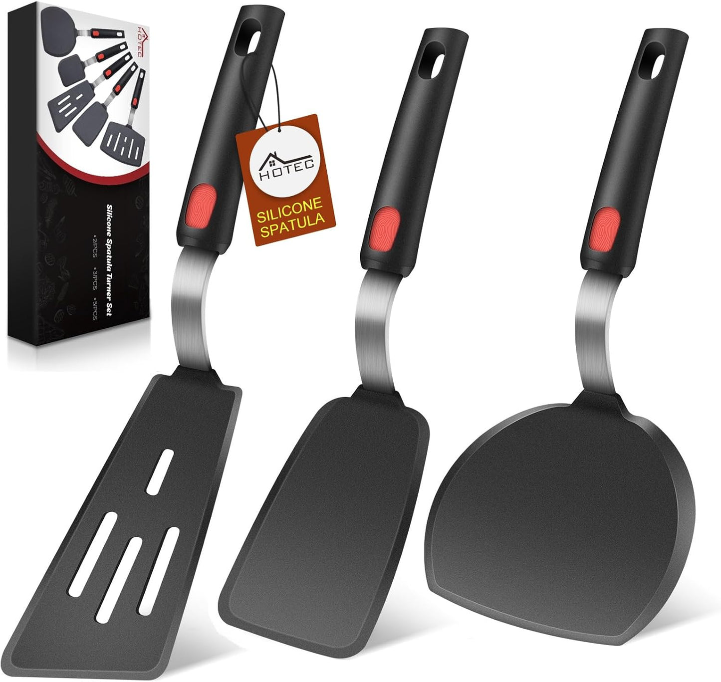 Hotec Silicone Spatula Turner for Nonstick Cookware, Cooking Spatulas 600°F Heat Resistant Large Flexible Rubber Spatula Set of 3, Kitchen Utensils for Flipping Eggs, Burgers, Pancakes, Crepes