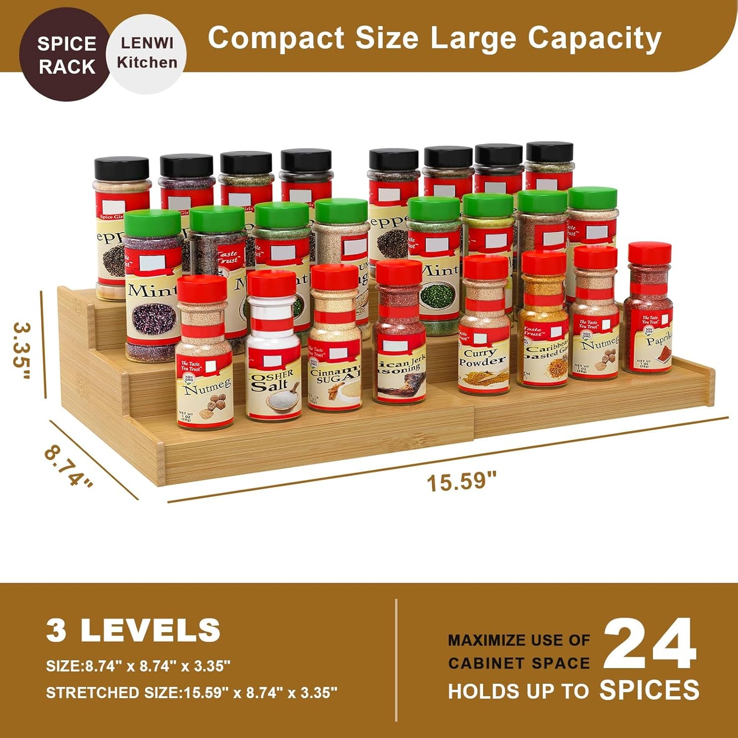 Spice Rack Organizer for Cabinet 2Pack, 3 Tier Expandable Bamboo Spice Storage, Great for Kitchen Cabinet, Cupboard,Pantry and More(Natrual)