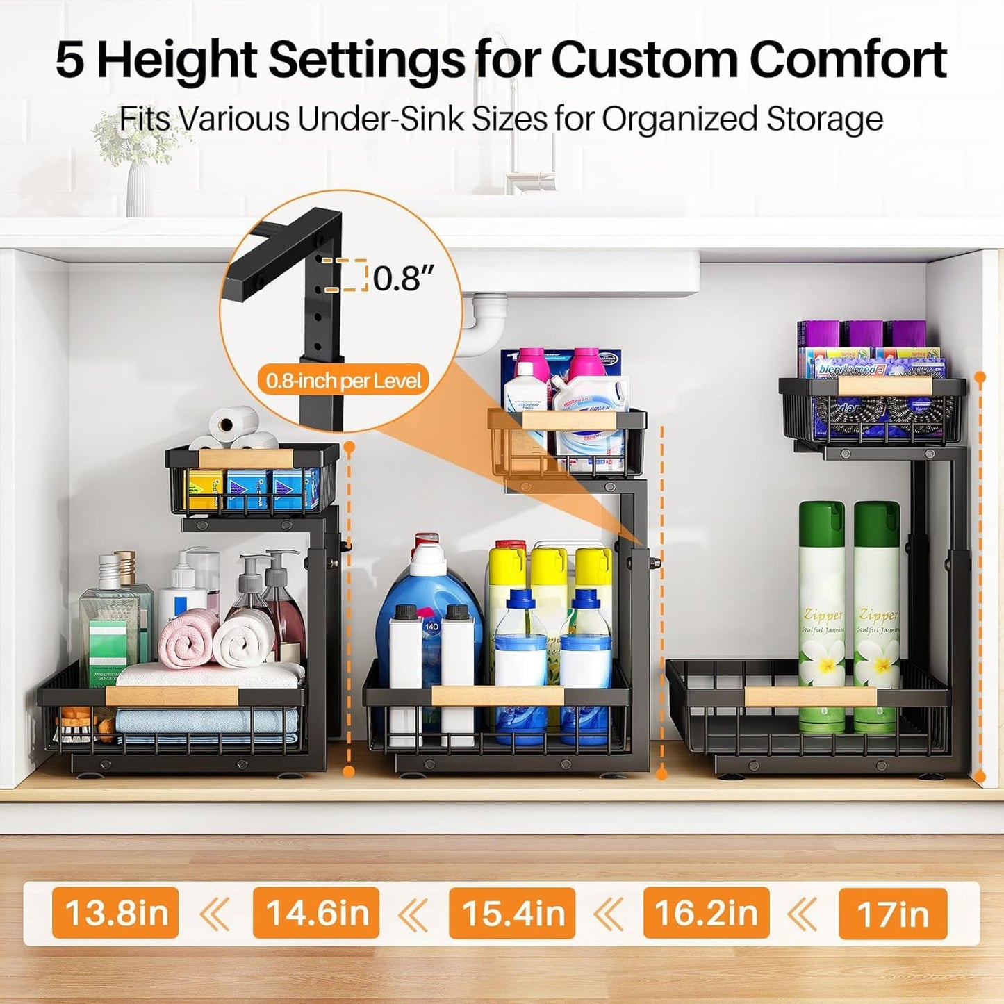 PXRACK 2 PACK Under Sink Organizer,Adjustable Height,2 Tier Pull Out Under Cabinet Organizer,Thickened Metal Shelf,Slide Out Under Sink Storage for Kitchen Bathroom Cabinet Laundry