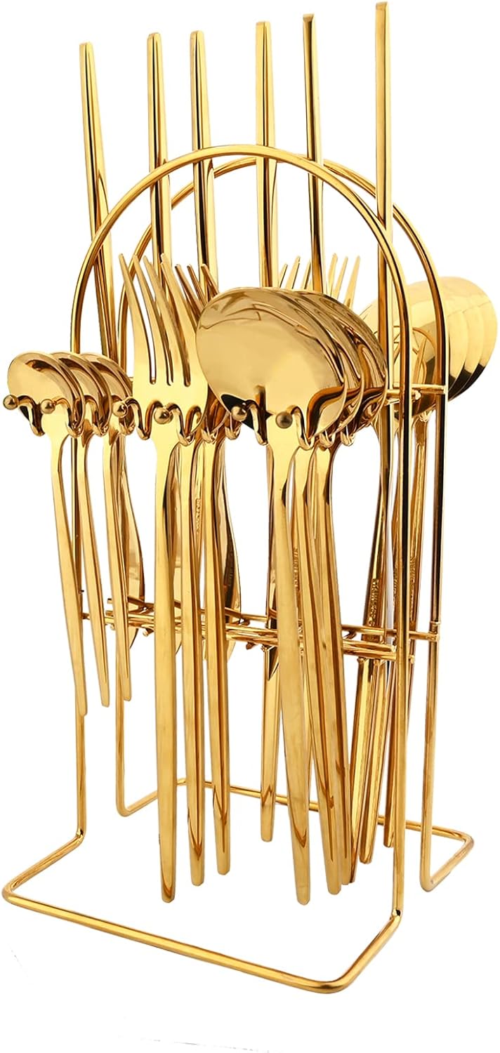 24-Piece Mirror Gold Cutlery Set, Snplowum Stainless Steel Flatware Hanging Tableware Silverware Set Include Knife/Fork/Spoon/Teaspoon and Storage Rack For Daily Use, Service For 6