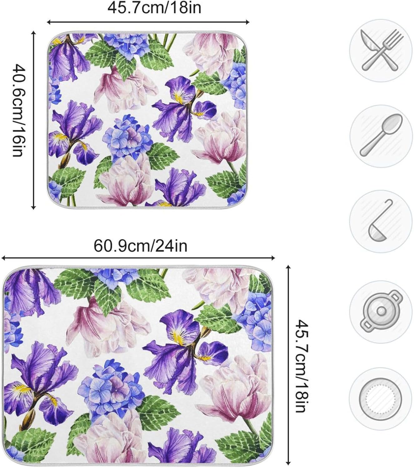 Watercolor Flowers and Hydrangeas Dish Drying Mat Super Absorbent Drying Mat 18x24 inch Large Dish Drying Mats for Kitchen Counter Dish Drying Pads Kitchen Drying Matt for Countertop