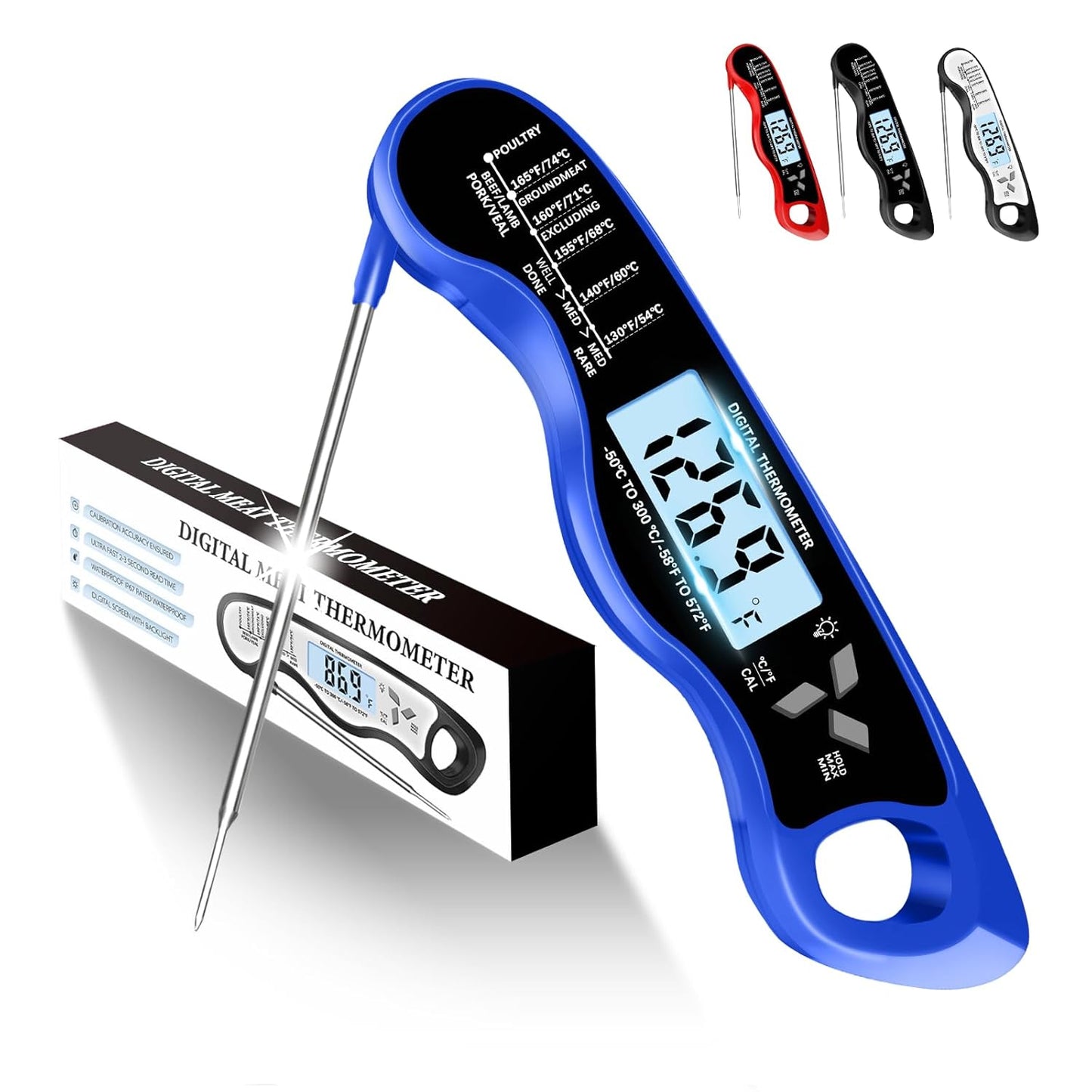 Meat Thermometer, IP67 Waterproof Digital Meat Thermometer with Backlight, Hold Function & Magnet for Grill, BBQ, Candy, Beef,Turkey，Gadgets Essentials BBQ Accessories,Mens Stocking Stuffers