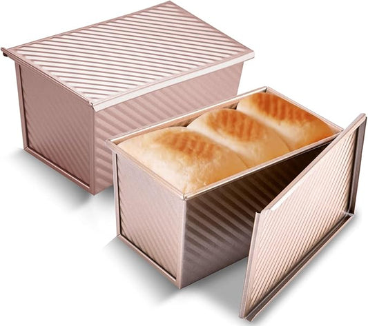 KITESSENSU Pullman Loaf Pan with Lid 2 Pack, 1 lb Dough Capacity Non-Stick Bakeware for Baking Bread, Carbon Steel Corrugated Bread Toast Box Mold with Cover for Baking Bread, Gold