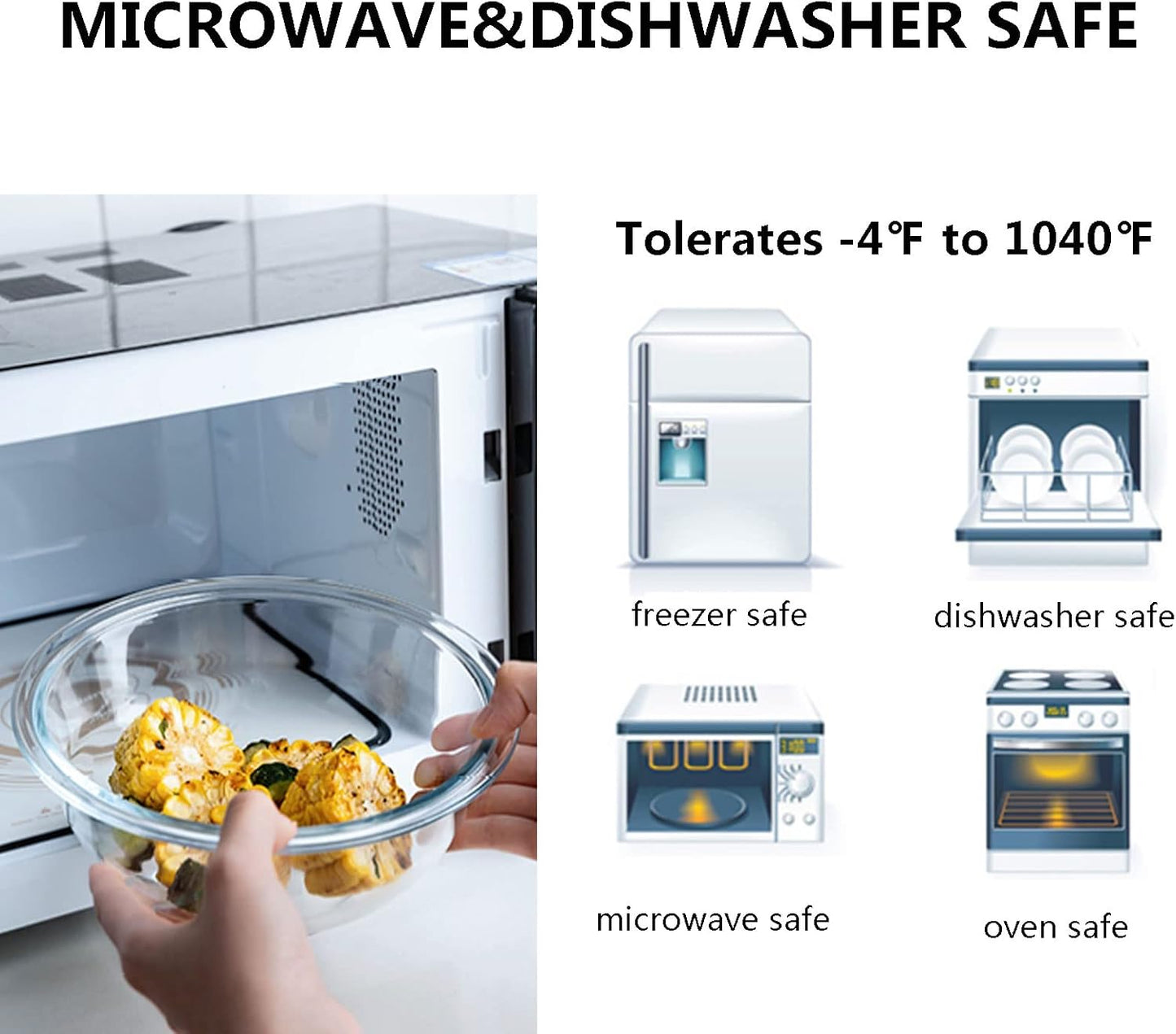 Glass Mixing Bowl Set with Airtight Lids for Kitchen Baking Prepping, Serving, Cooking 0.6QT, 1.1QT, 2.2QT, 4QT Salad Bowl Set with Lids, Dishwasher and Microwavable Safe