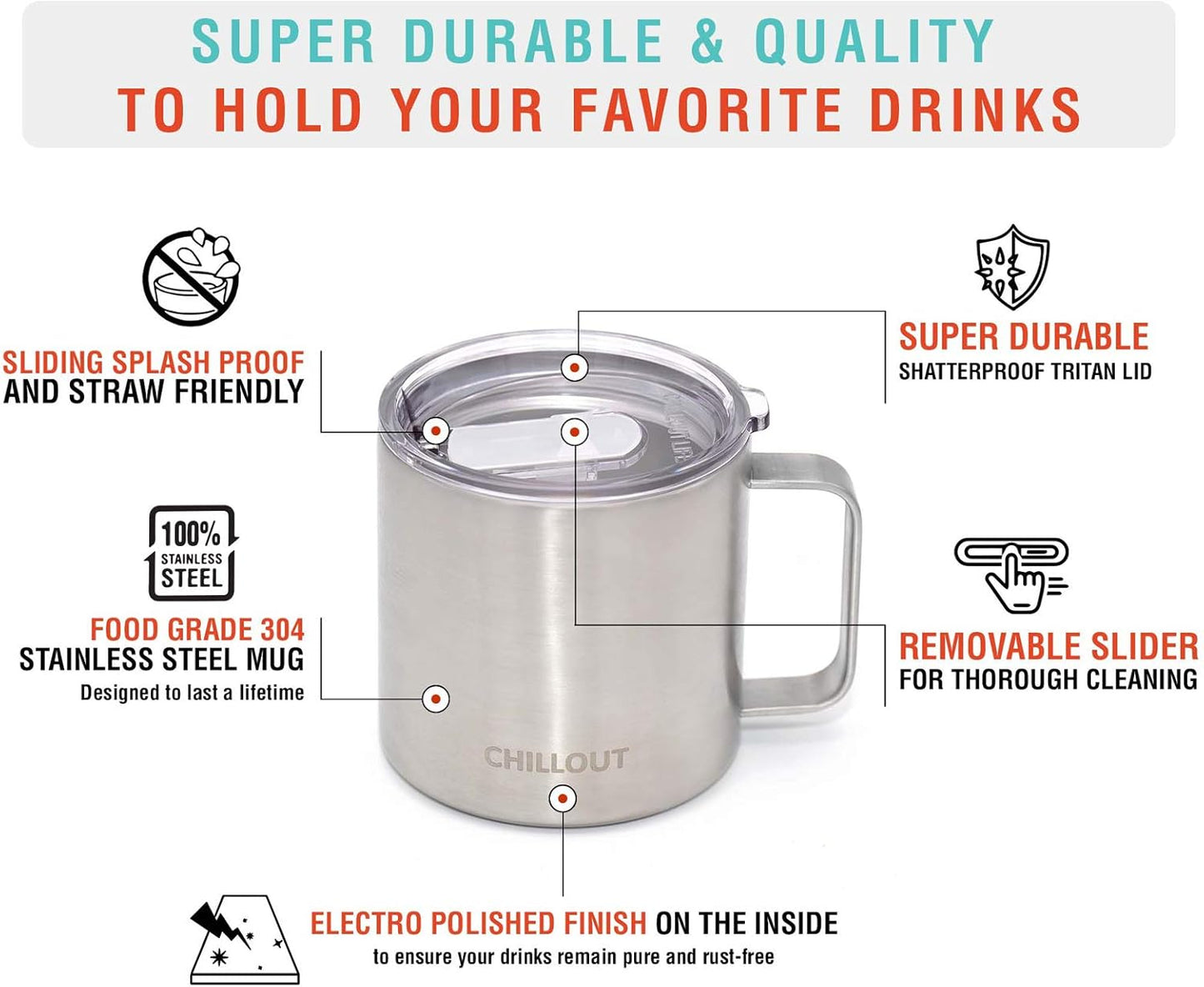 CHILLOUT LIFE Stainless Steel Vacuum Insulated Coffee Mug 16 oz (Set of 2) with Handle and Lid, Large Thermal Camping Coffee Mugs with Sliding Lid for Men & Women, Keeps Your Beverages Hot & Cold